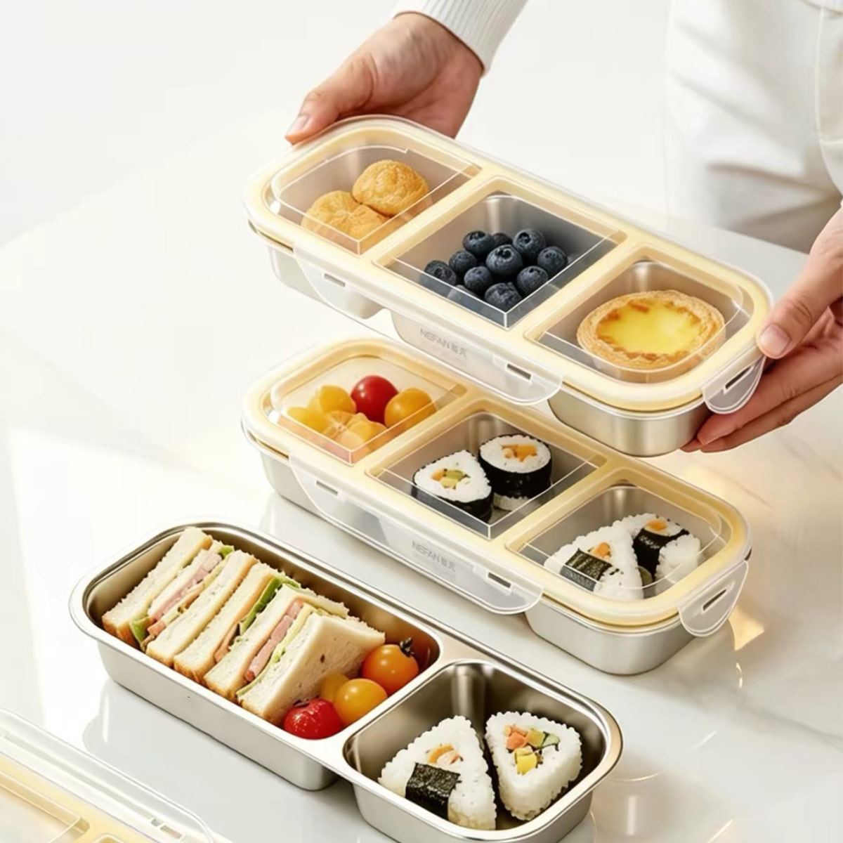 Food Storage For Room - ภาชนะเก็บอาหารสแตนเลสพร้อมฝาปิด, กล่องอาหารกลางวันแบบปิดสนิทเกรดอาหาร, ภาชนะใส่อาหารแบบสามช่อง