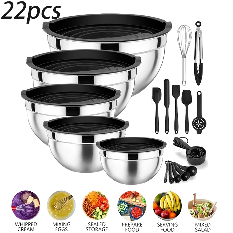 Food Storage Eco Friendly - ชุดชามผสมสแตนเลส 5 ชิ้น พร้อมอุปกรณ์เสริม 17 ชิ้น