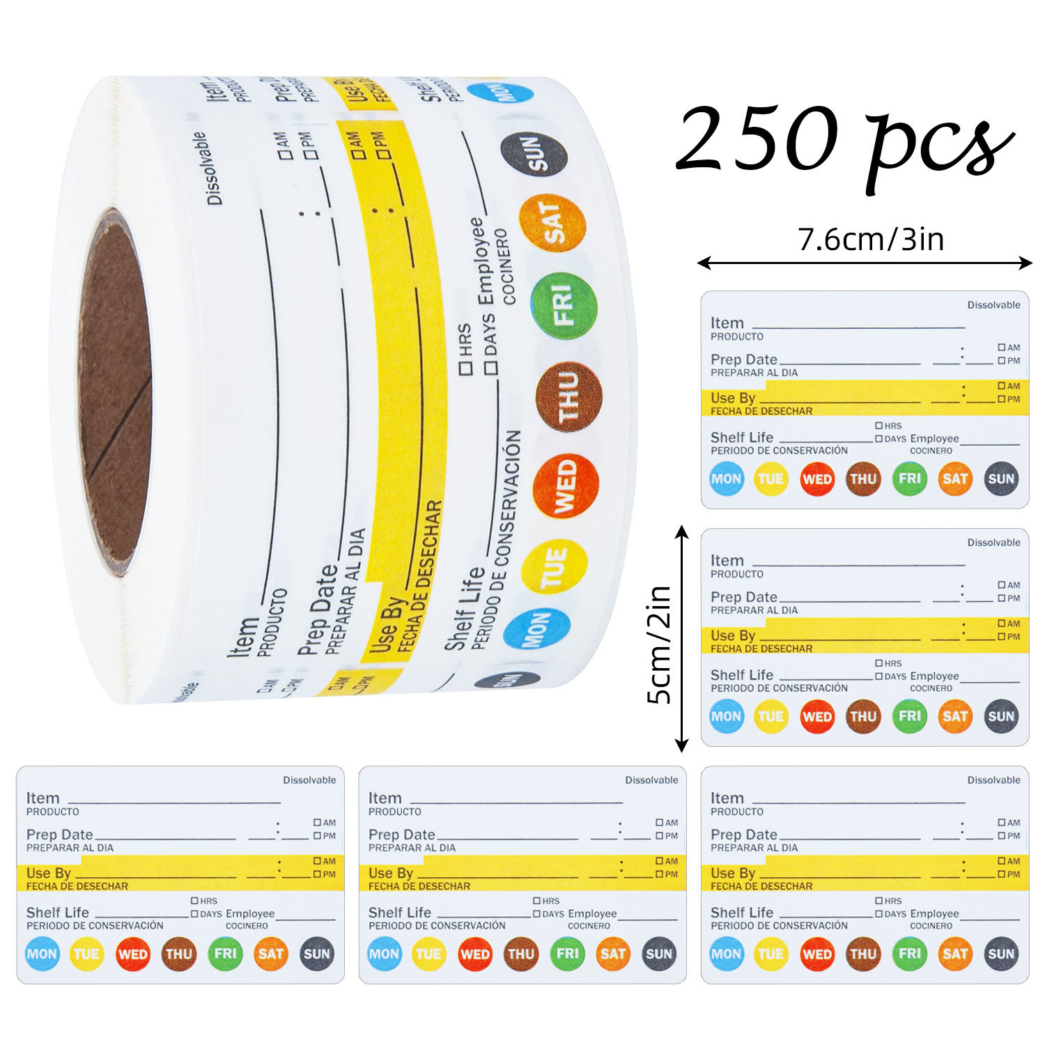 Food Storage Label - 250 ชิ้น/ม้วน ป้ายวันที่อาหาร กันน้ำ สติ๊กเกอร์สำหรับเตรียมอาหาร สำหรับภาชนะในครัว