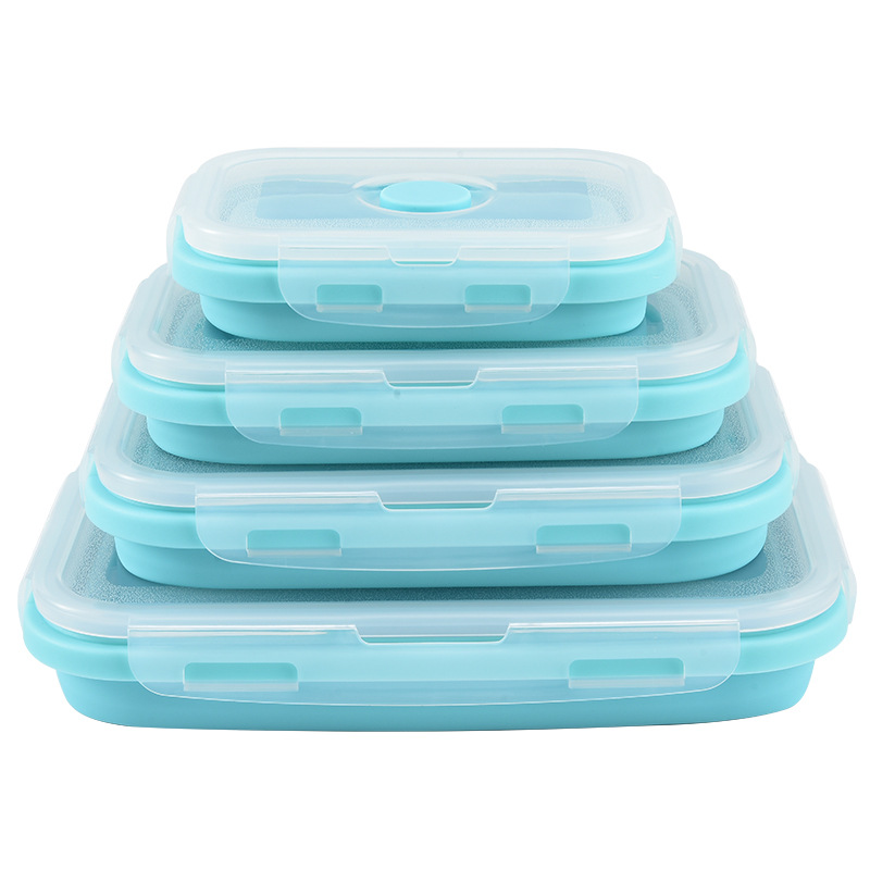 Food Storage Eco Friendly - ภาชนะเก็บอาหารซิลิโคนพับได้พร้อมฝาปิดกันอากาศ ใช้กับไมโครเวฟและช่องแช่แข็งได้ กล่องอาหารกลางวันแบบพกพาทรงสี่เหลี่ยม