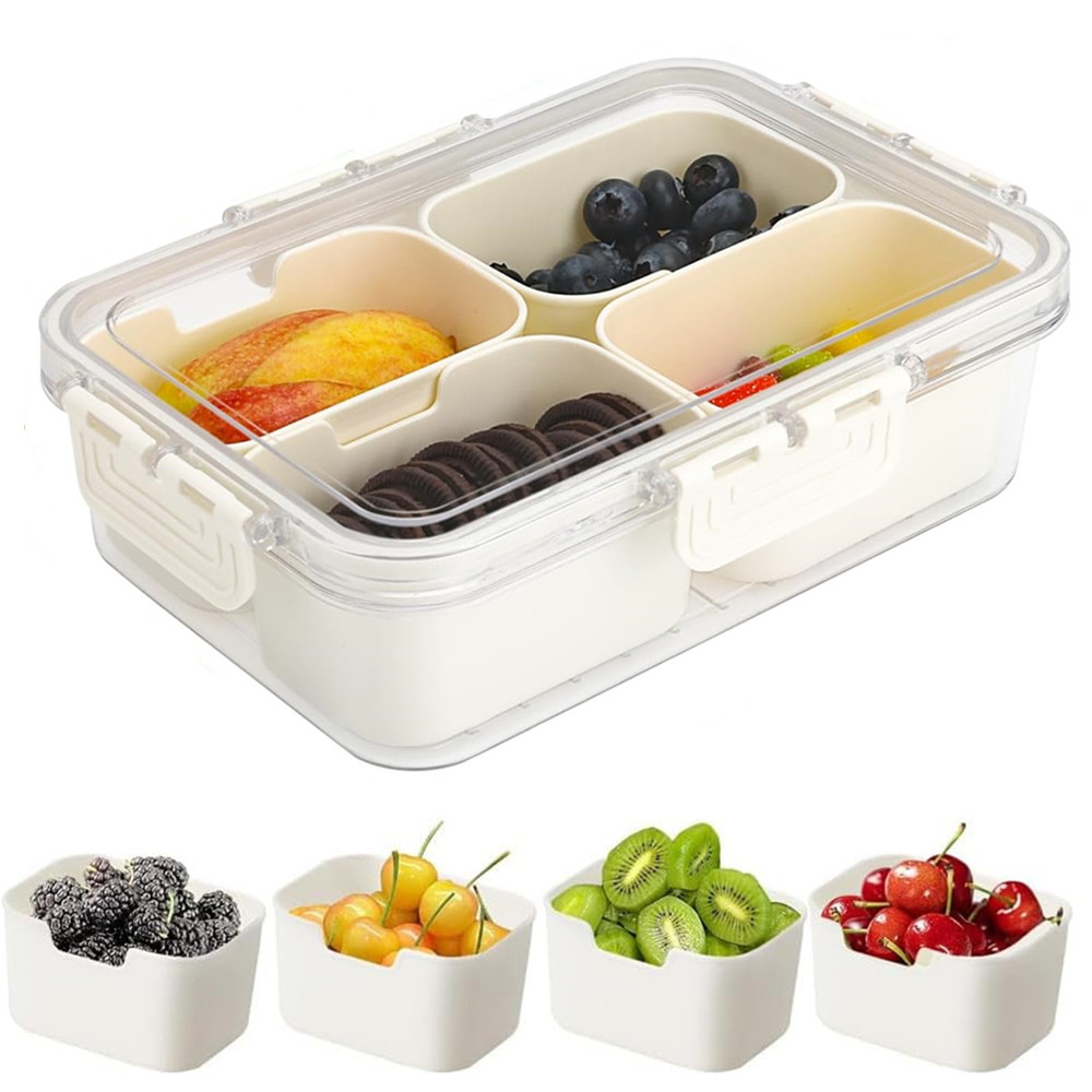 Food Storage For Room - กล่องเก็บอาหารแบบพกพา, กล่องเก็บขนม, 4 ช่องพร้อมฝาปิด, ถาดแยกสำหรับเสิร์ฟ, กล่องขนมสำหรับครัว,