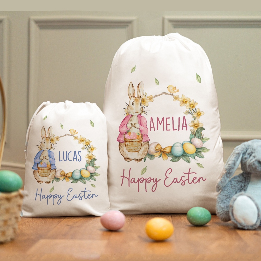 Zebra Food Storage - ถุงของขวัญลายกระต่ายอีสเตอร์แบบกำหนดเองได้, ถุงผ้ารูดลายพวงหรีดดอกไม้และปีเตอร์แรบบิท, ถุงเก็บของอีสเตอร์แบบส่วนตัวหลายขนาด