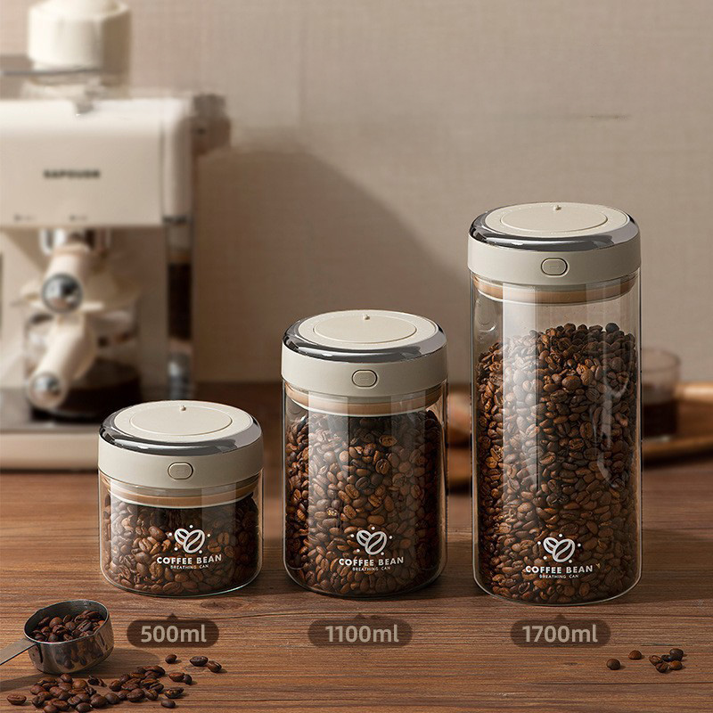 Food Storage Glass - ถังเก็บเมล็ดกาแฟสุญญากาศขนาด 500/1100/1700 มล. พร้อมวาล์ว CO2 ขวดแก้วเก็บอาหาร