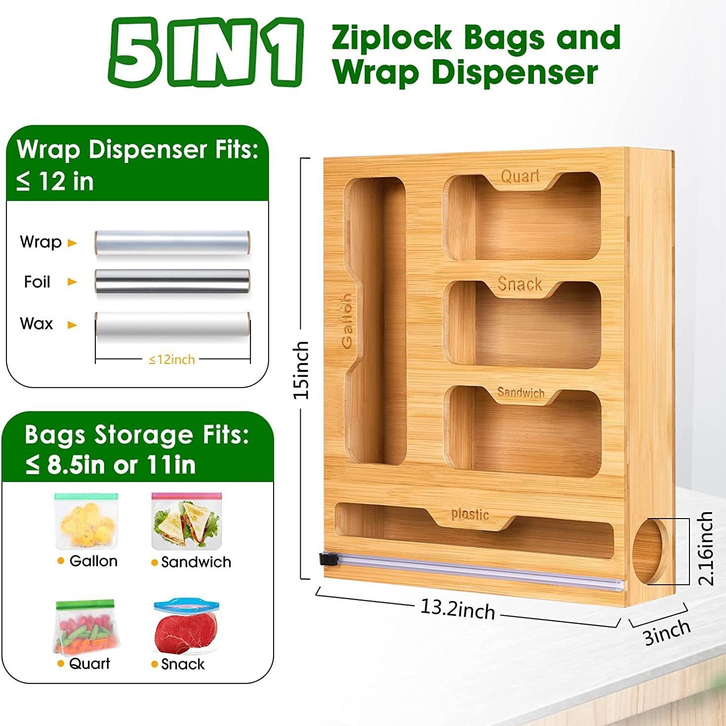 Food Storage Zip Lock Bags - ชั้นวางของแบบมีซิปล็อคทำจากไม้ไผ่ชั้นเก็บของห้องครัวตัวจัดระเบียบพร้อมเครื่องตัดสำหรับที่ใส่กระเป๋าอาหาร