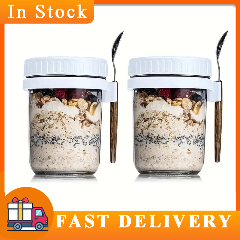 Food Storage Tupperware - Overnight ข้าวโอ๊ตคอนเทนเนอร์พร้อมฝาปิดและช้อนแบบพกพาอาหารเช้าข้าวโอ๊ตธัญพืช Nut ถ้วยโยเกิร์ต 300ML ผลไม้สลัดกล่องเก็บอาหาร