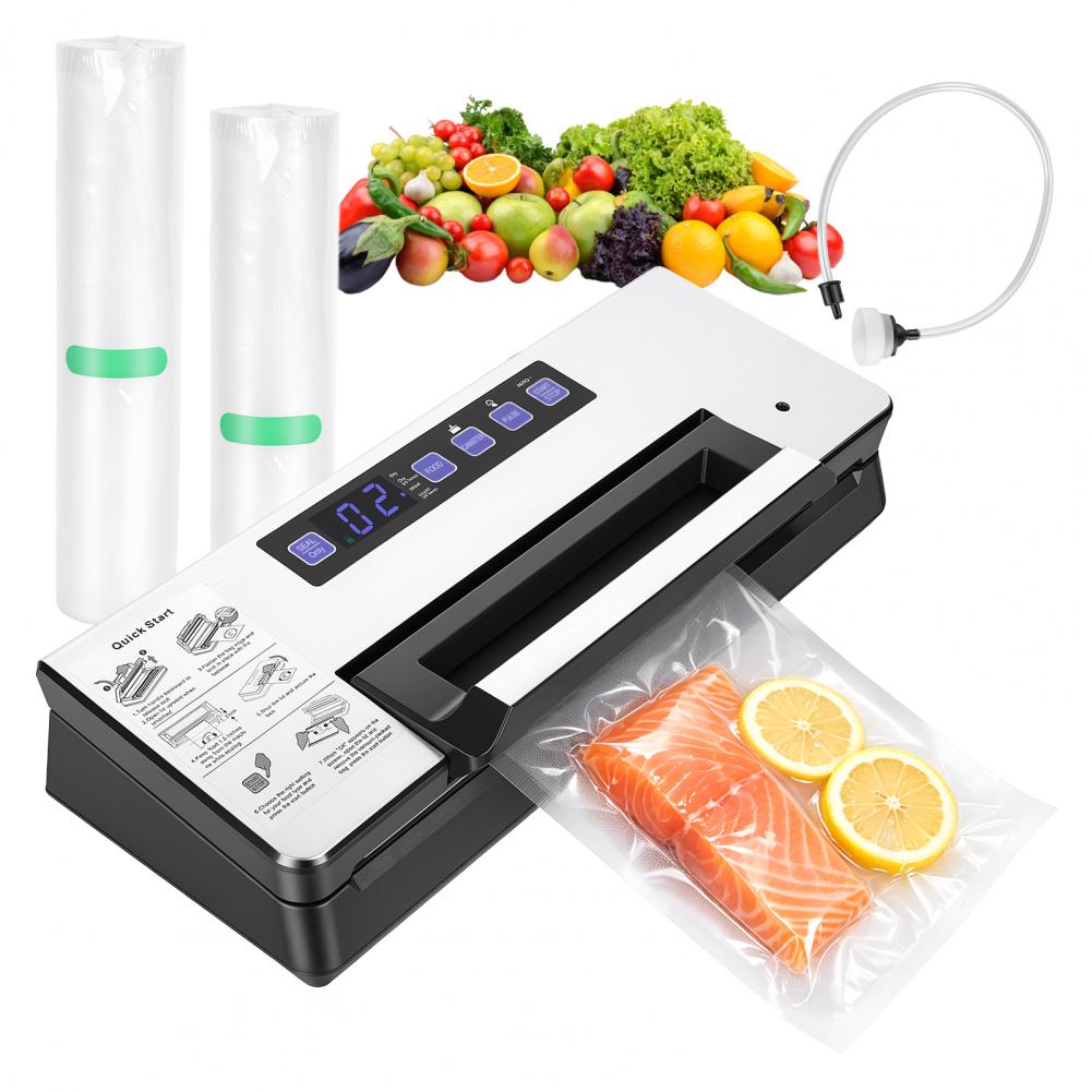 Food Storage Vacuum Sealer Machine - เครื่องซีลสูญญากาศพร้อมที่ตัดและที่เก็บถุงในตัว, ถุงซีลสูญญากาศขนาด 17×25 ซม. 10 ใบ,