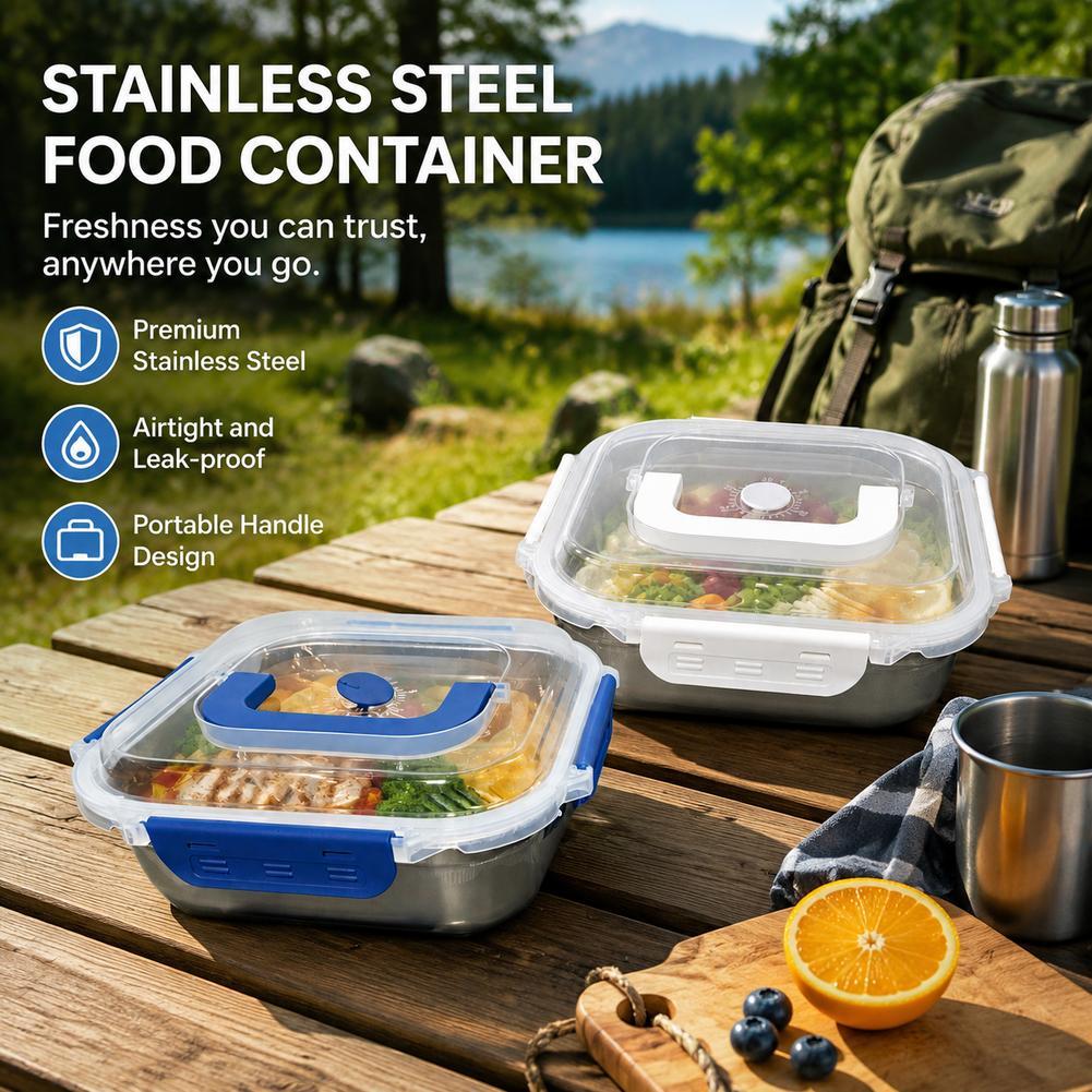 Food Storage Not Plastic - ภาชนะเก็บอาหารสแตนเลส กล่องอาหารกลางวันปิดสนิท ป้องกันการรั่วซึม พร้อมฝาปิดแบบมีหูหิ้ว พกพาสะดวก สำหรับปิกนิก